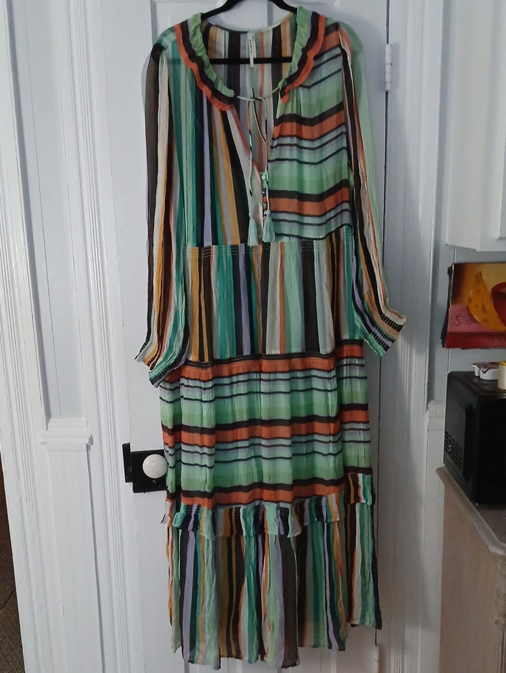 Striped Mint Multi-Color Tiered Maxi Dress with Tassel Tie